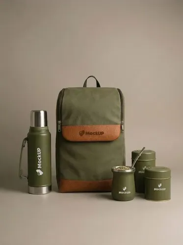 Mochila verde militar, termo y recipientes de mate en kit de campo
