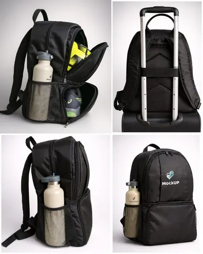 Mochilas negras con compartimentos internos y porta botella, cuatro vistas