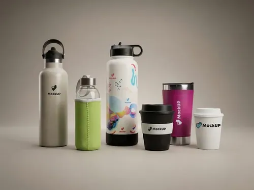 Botellas metálica y de vidrio junto a mugs de viaje en varios colores