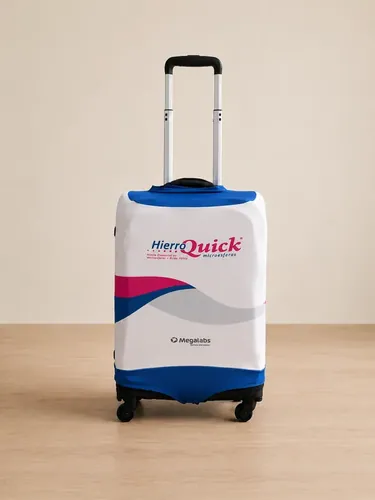 Valija rígida azul y rosa personalizada con el logo de HierroQuick